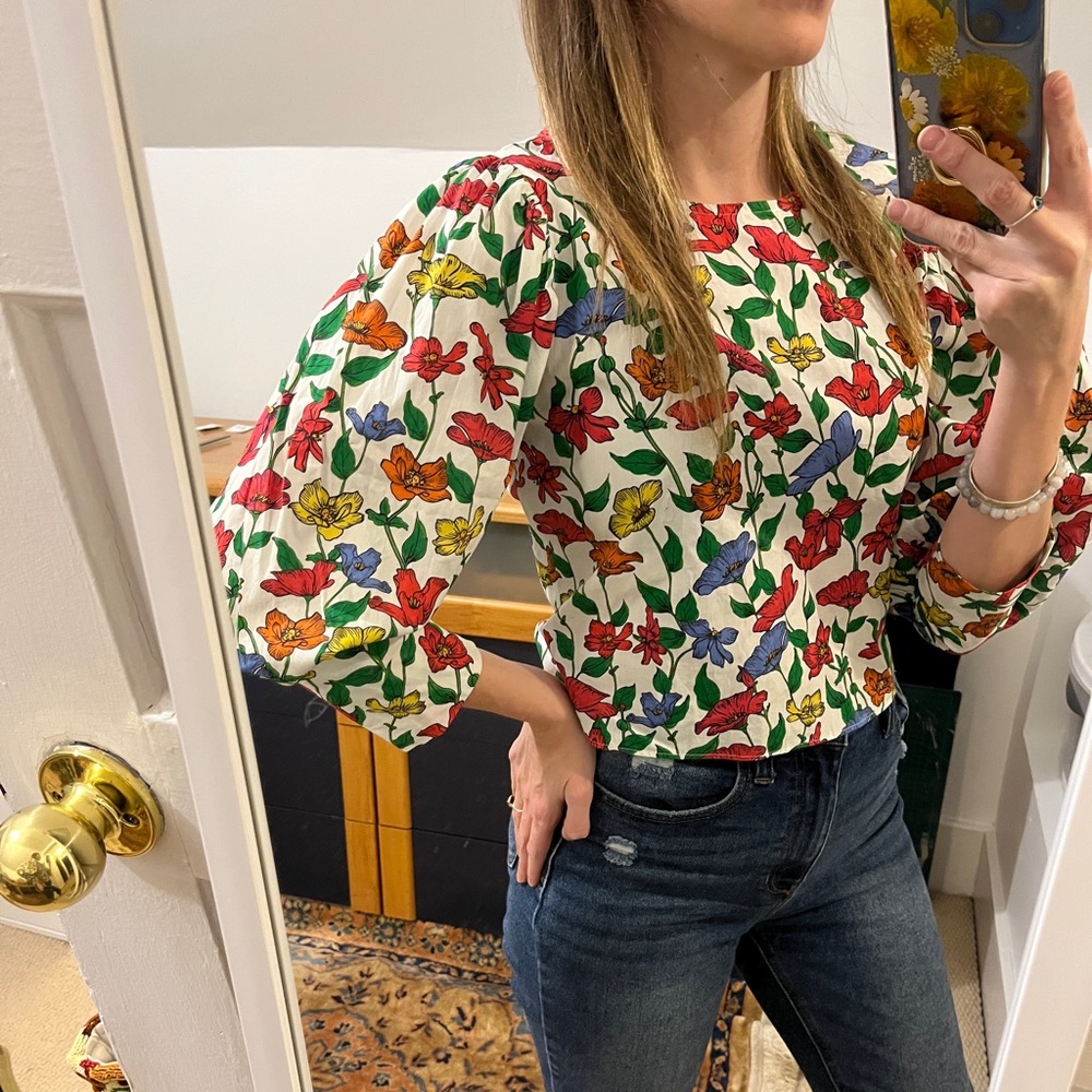Zara Basics Floral Print Crop Poof Sleeve Bow Back Blouse. Size Small.